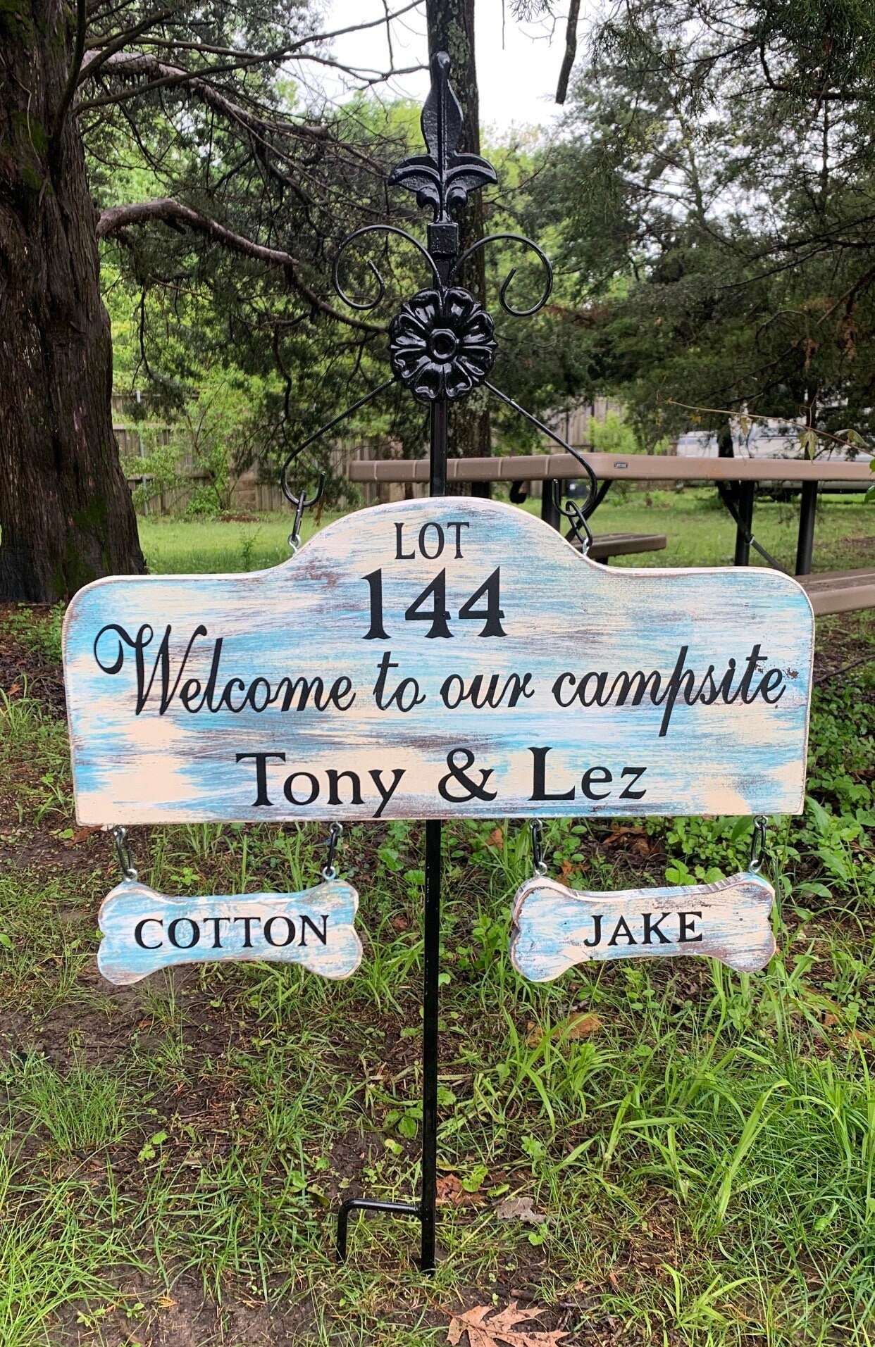 Personalized RV Camping Sign with Stake – Custom Wood Sign for Campsite or Dash – Optional Dog Bone Name Tag – Trailer & Camper -Dog Parents