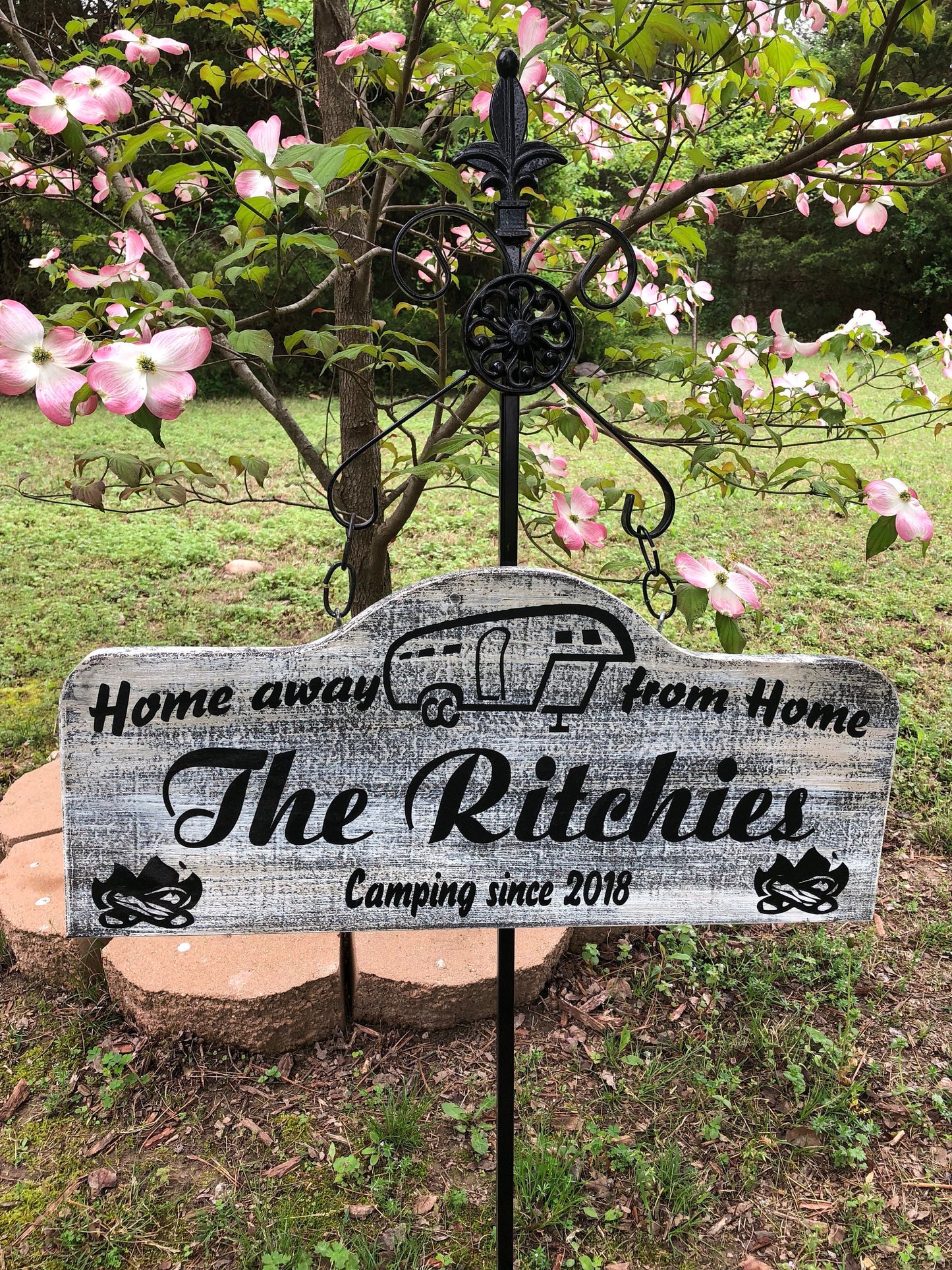 Personalized RV Camping Sign with Stake – Custom Wood Sign for Campsite or Dash – Optional Dog Bone Name Tag – Trailer & Camper -Dog Parents