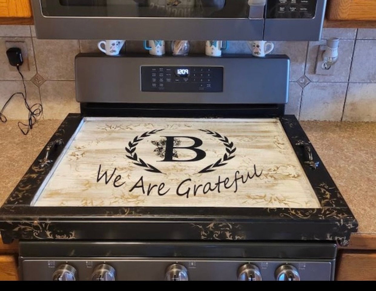 Wood Custom stove cover, Full coverage, gas stove cover, electric stove top cover, modern cover, SURROUND Box Toille Wash Gold or Silver