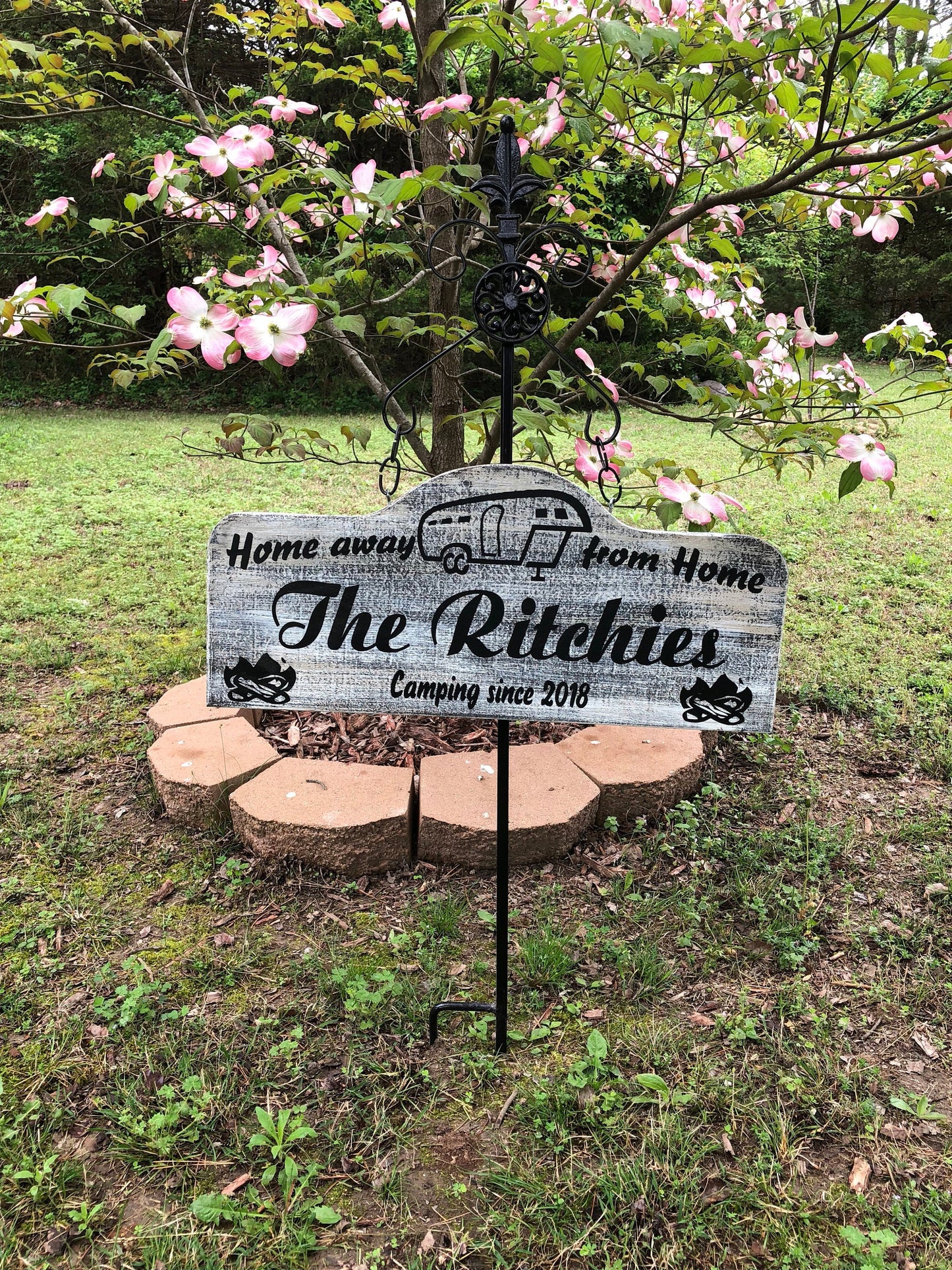 Personalized RV Camping Sign with Stake – Custom Wood Sign for Campsite or Dash – Optional Dog Bone Name Tag – Trailer & Camper -Dog Parents