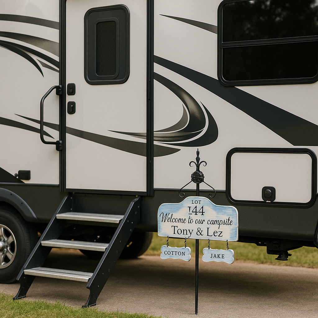 Personalized RV Camping Sign with Stake – Custom Wood Sign for Campsite or Dash – Optional Dog Bone Name Tag – Trailer & Camper -Dog Parents