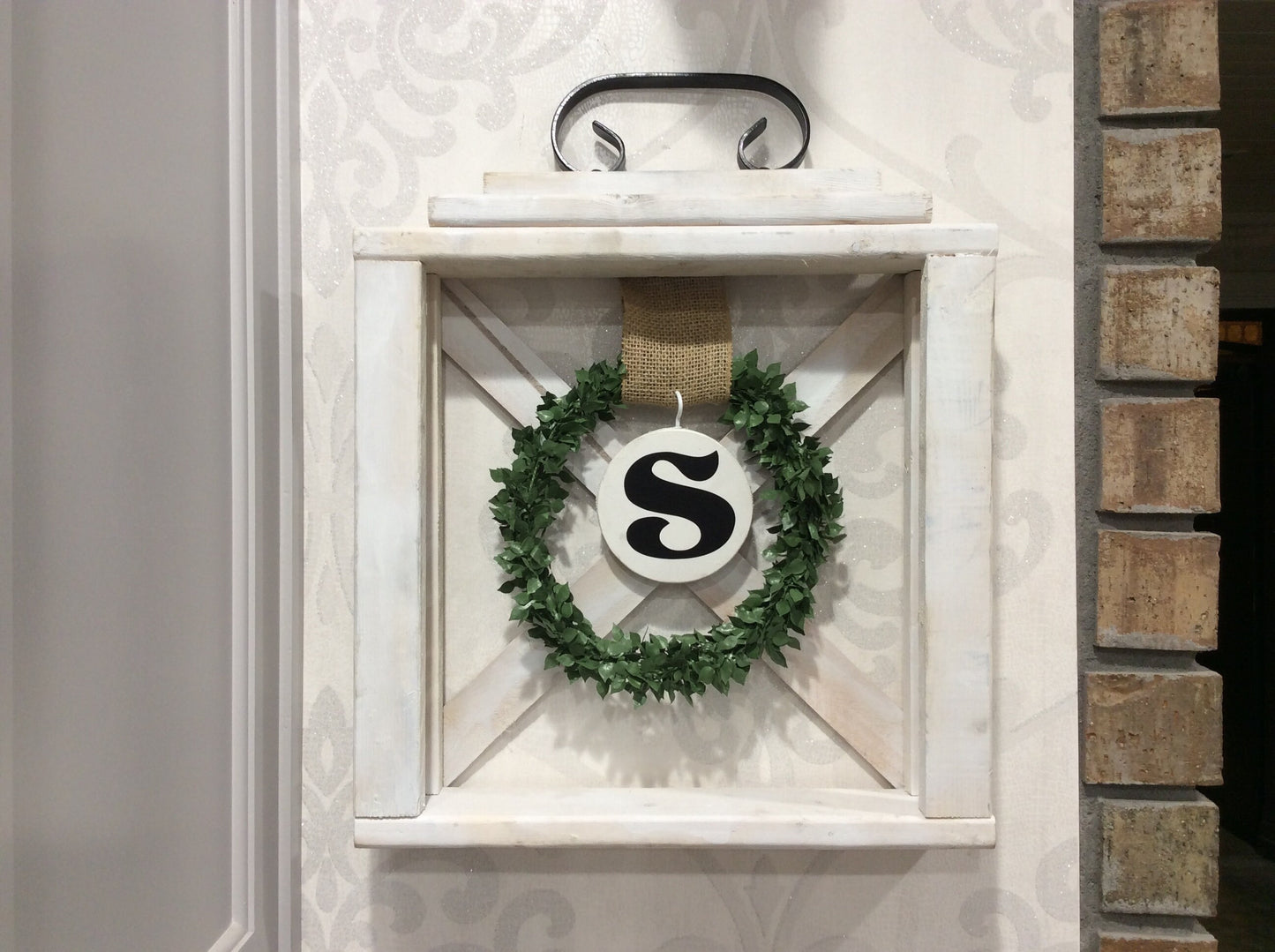 Wood Wreath Hanger Frame with Faux Boxwood Wreath-wreath is changeable – Reversible Welcome/Merry Christmas Medallion – Seasonal Decor – Burlap Strap