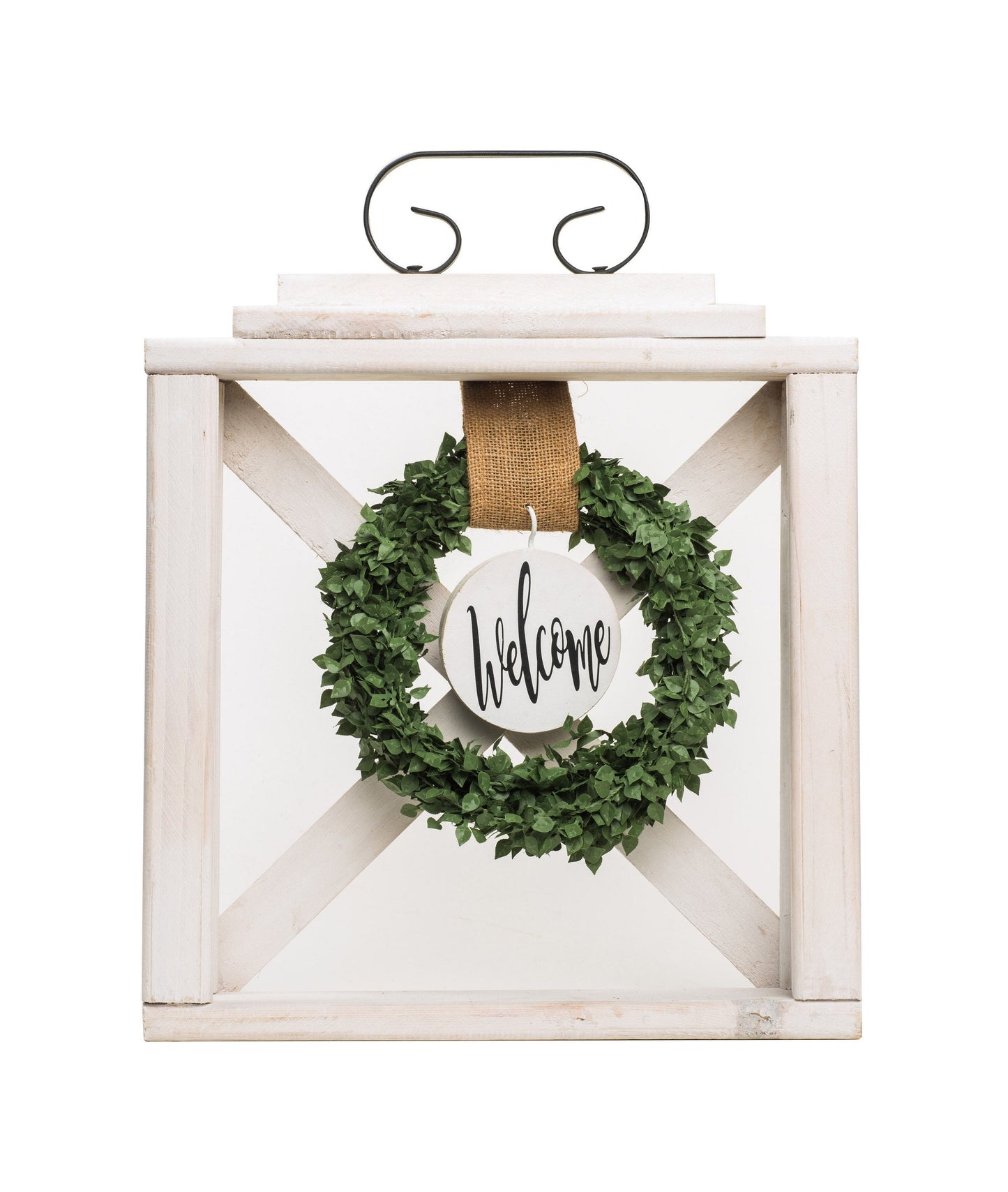 Wood Wreath Hanger Frame with Faux Boxwood Wreath-wreath is changeable – Reversible Welcome/Merry Christmas Medallion – Seasonal Decor – Burlap Strap